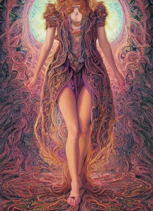 Image similar to beautiful oil painting, full length portrait of Emma Watson in baroque coronation robes 1701, Dan Mumford, Dan Mumford, Alex grey, highly detailed , lsd visuals, dmt fractal patterns, hallucinogen, visionary art, psychedelic art, ornate, vaporwave, baroque, Greg rutkowski