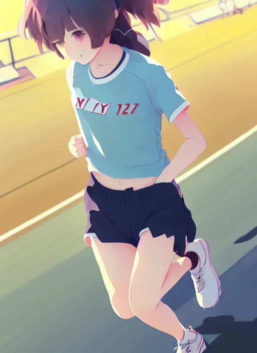 Image similar to portrait of cute high school runner girl, sunny sky background stadium landscape illustration concept art anime key visual trending pixiv fanbox by wlop and greg rutkowski and makoto shinkai and studio ghibli and kyoto animation symmetrical facial features short down hair sports clothing marathon race nike shirt