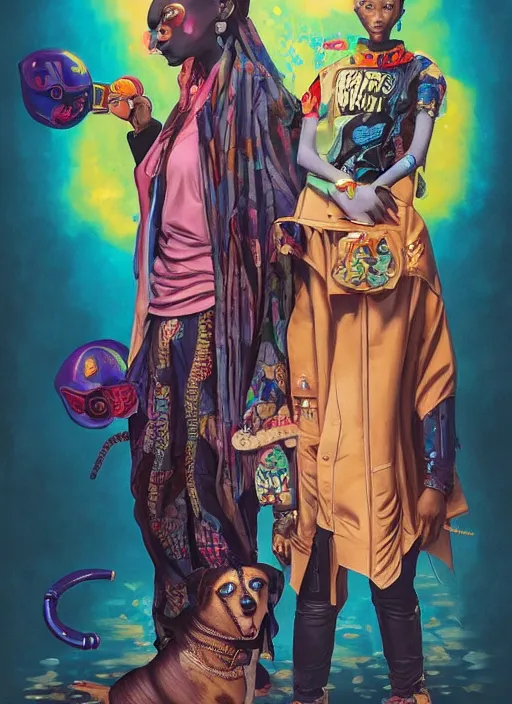 Prompt: beautiful portrait painting of a cool African lofi cyberpunk princess and her corgi assassin king, by Afarin Sajedi, Alessandro Barbucci, Alex Gross, Shin Jeongho, Shohei Otomo. trending on Artstation, 8k, masterpiece, face enhance, graffiti paint, fine detail, full of color, intricate detail, golden ratio illustration