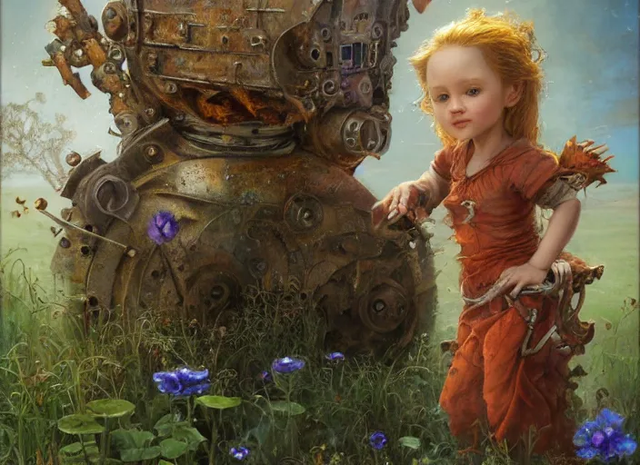 Image similar to a rusty broken down little robot, Lilia Alvarado, Sophie Anderson, Mark Arian, Bob Byerley, Charlie Bowater, Mark Brooks, Steve Henderson, Justin Gerard, Arthur Hughes, Edward Robert Hughes, Mark Keathley, Victor Nizovtsev, Carlos Shwabe, Ross Tran, WLOP