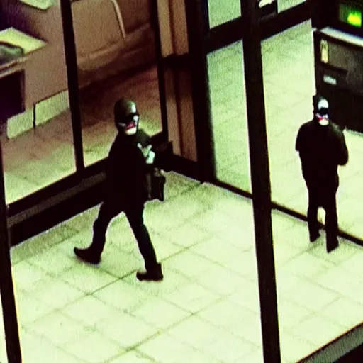 Image similar to cctv footage of four robbers at a bank wearing payday 2 masks, film grain