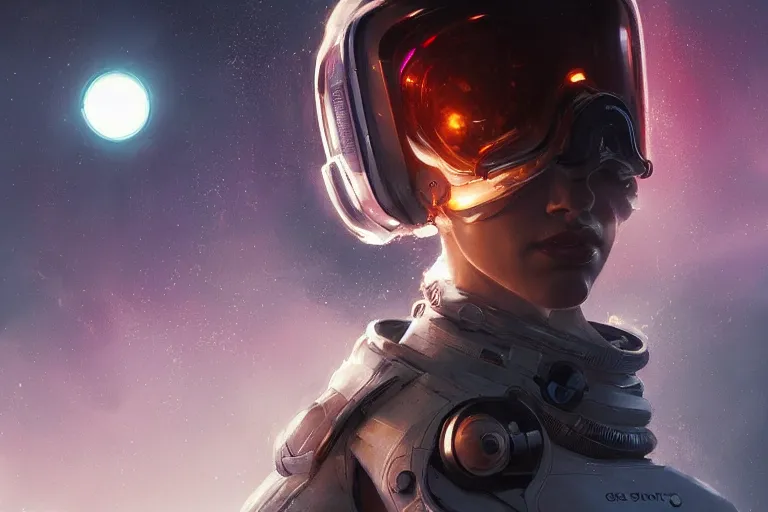 Image similar to portrait of a female space explorer, cyborg, stunning, sci-fi art, artstation, by greg rutkowski, wlop, cinematic lighting