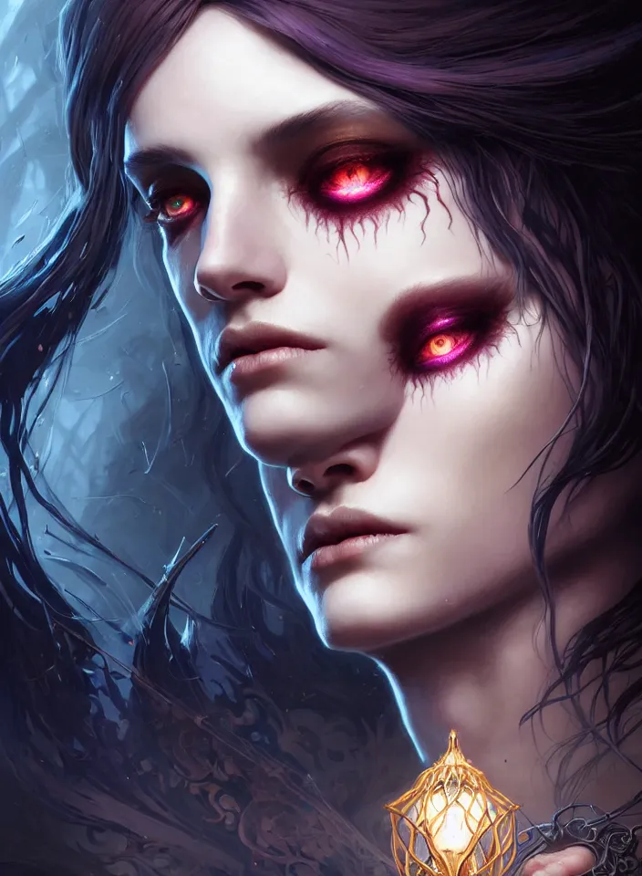 Image similar to Necromancer Sorceress face close-up macro in center, fantasy magic, undercut hairstyle, dark light night, intricate, elegant, sharp focus, illustration, highly detailed, digital painting, concept art, matte, art by WLOP and Artgerm and Greg Rutkowski and Alphonse Mucha, masterpiece