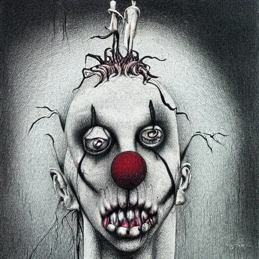 Image similar to grunge drawing of a clown by Zdzisław Beksiński and tim burton