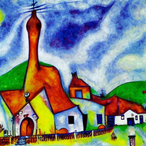 Image similar to onion roof in a rural city, in the style of chagall