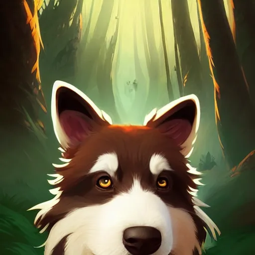 Prompt: two finnish lapphunds, one brown and tan domino one black with white markings, pointy ears, fanart ornate fantasy ori and the blind forest cover style official behance hd artstation by jesper ejsing, by rhads, makoto shinkai and lois van baarle, ilya kuvshinov, rossdraws pastel vibrant