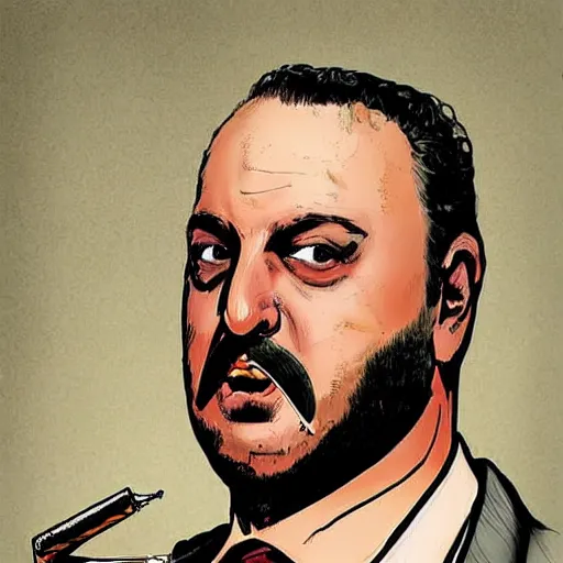 Image similar to chunky artist ethan van sciver as tony soprano, with a cigar, artstation, real photo