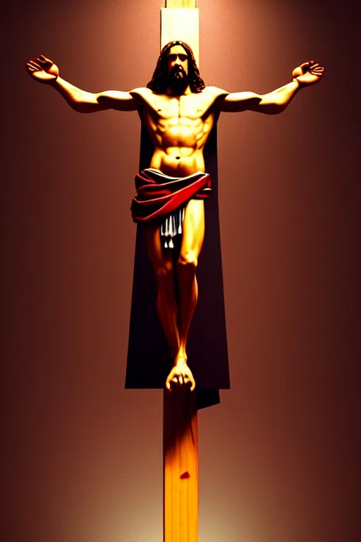 Prompt: full body shot, jesus on cross, painting by caravaggio, breugel, masterpiece, highly detailed, artstation, concept art, dark background, octane rendering 8 k, depth of field, bokeh. iridescent accents. vibrant. black and red color scheme