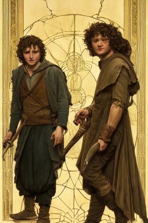 Image similar to a detailed matte portrait of jensen ackles dressed as frodo baggins and jared padalecki as samwise gamgee, masterpiece, 8 k, art by alphonse mucha and greg rutkowski