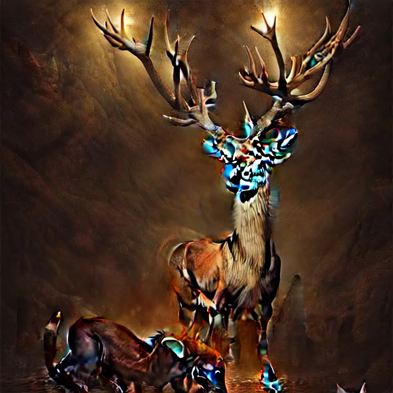 Image similar to epic professional digital art of deer god, atmospheric lighting, painted, intricate, detailed, foreboding, by leesha hannigan, wayne haag, reyna rochin, ignacio fernandez rios, mark ryden, iris van herpen,, epic, stunning, gorgeous, much wow, cinematic, masterpiece.