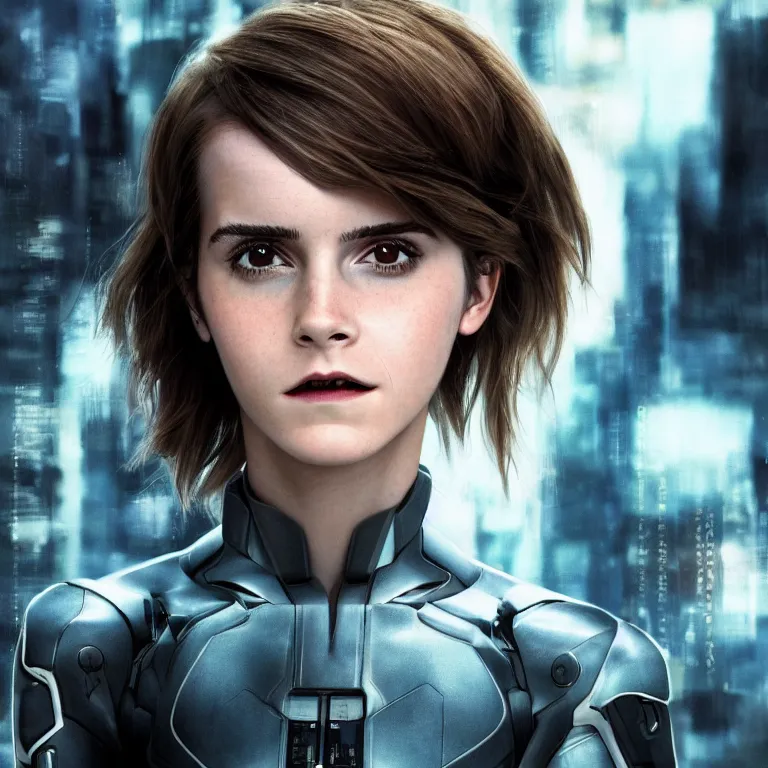 Image similar to scifi emma watson looks like ghost in the shell, extremely high detail, high detailed face, smiling woman, cyborg, photorealism, emma watson, sony a 7 r