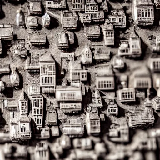 Prompt: macro photo of a miniature secret hidden world with tiny buildings teeth and people
