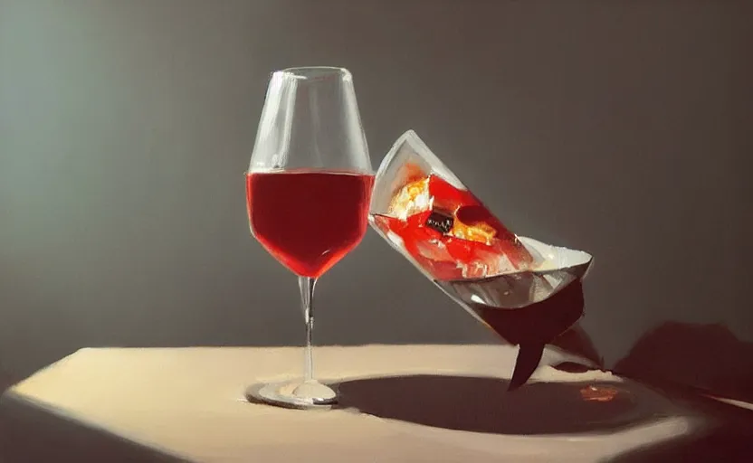 Prompt: A painting of a glass of fine wine and a pizza trending on artstation in the style of Greg Rutkowski