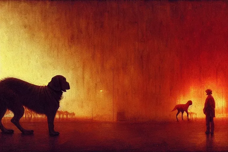 Prompt: a white hunting dog pointing at a supermarket, in the style of beksinski, intricate and epic composition, yellow by caravaggio, insanely quality, highly detailed, masterpiece, red light, artstation, 4 k