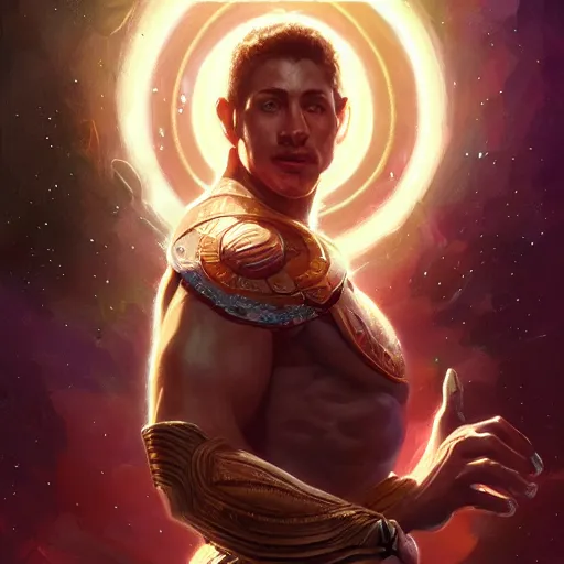 Prompt: portrait of the god of the universe, space, cosmic, upper body, D&D, intricate, cinematic lighting, highly detailed, digital painting, artstation, concept art, smooth, sharp focus, illustration, art by Artgerm and Greg Rutkowski