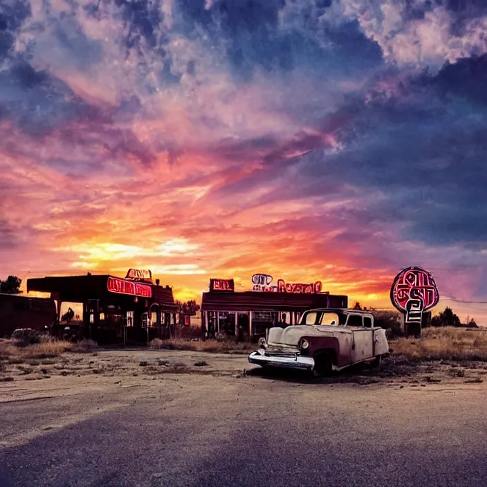 Image similar to a sunset light landscape with historical route 6 6, lots of sparkling details and sun ray ’ s, blinding backlight, smoke, volumetric lighting, colorful, octane, 3 5 mm, abandoned gas station, old rusty pickup - truck, beautiful epic colored reflections, very colorful heavenly, softlight