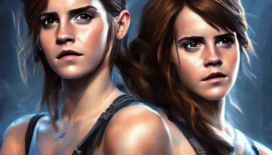 Prompt: Digital painting of Emma Watson as Lara Croft, hyperdetailed, artstation, cgsociety, 8k
