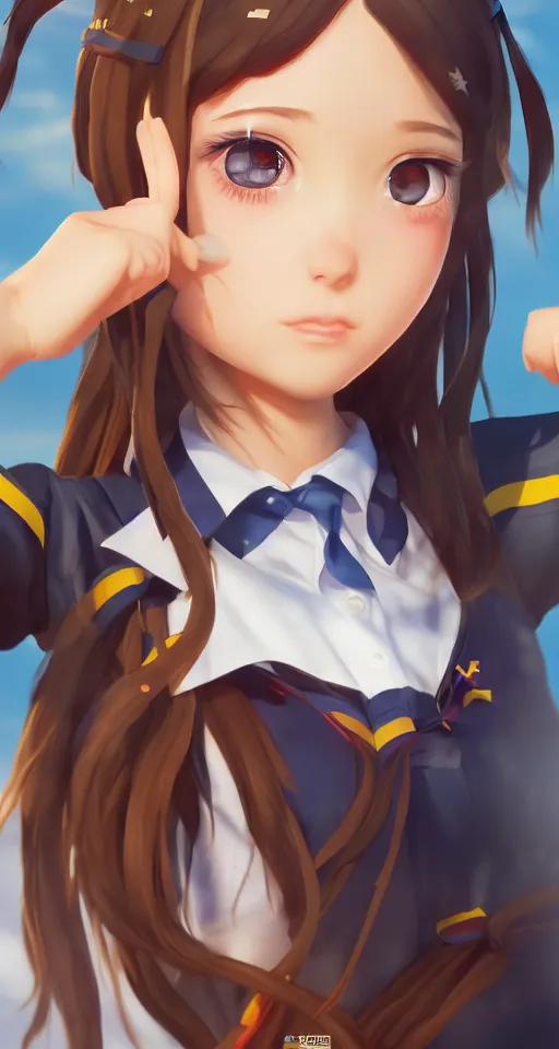 Image similar to School girl in seifuku uniform, hyperdetailed, artstation, cgsociety, golden hour 8k