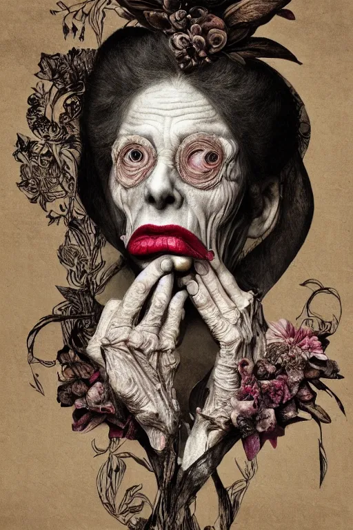 Image similar to Detailed maximalist portrait of a beautiful old woman with large lips and eyes, scared expression, botanical skeletal with extra flesh, HD mixed media, 3D collage, highly detailed and intricate, surreal illustration in the style of Caravaggio, dark art, baroque, centred in image