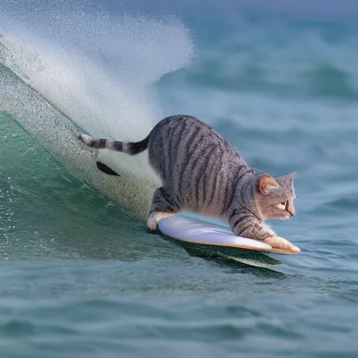 Image similar to a grey tabby cat surfing on a million fish