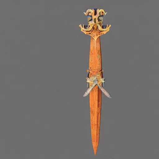 Image similar to a 3d model of a long sword in the center, with dragon like handle