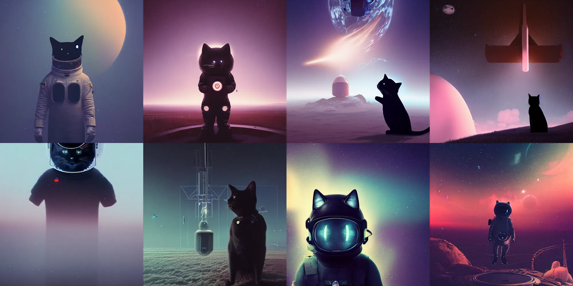 Image similar to beautiful dark landscape, a black cat dressed as an astronaut, in the style of beeple and Mike Winkelmann, intricate, epic lighting, cinematic composition, hyper realistic, 8k resolution,