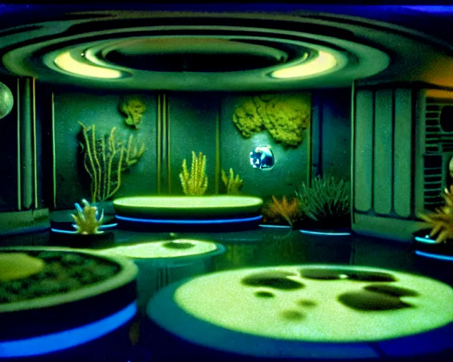 Image similar to interior shot of a space port at night, aquatic plants, shabby chic, cinematography by Jim Jarmusch, composition by Hale Woodruff,in the style of Addy Campbell, set design by Ed Wood, 35mm, graflex, color film photography