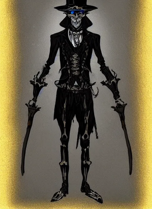 Image similar to DND character art, skeletal male figure, wearing a deep black suit!!! and tie and top hat, holding a gold! cane!, blue flames!!