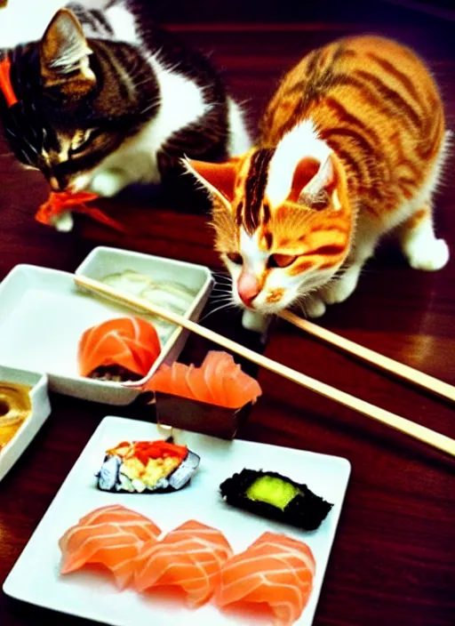 Image similar to clear photograph of cute cats stealing sushi from sushi plates