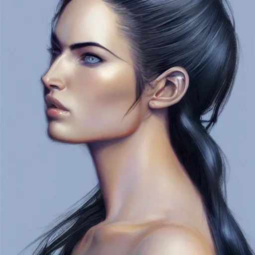 Image similar to a humanoid fox with a face inspired by megan fox, intricate, elegant, highly detailed, digital painting, artstation, glamor pose, concept art, smooth, sharp focus, illustration, art by artgerm and greg rutkowski, artey freytag
