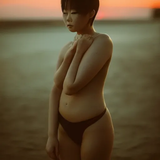 Image similar to beautiful gorgeous curvy Japanese edgy model girl with short hair, she's sad, sunset, 80mm lens, 1.2 aperture, grainy image, close up