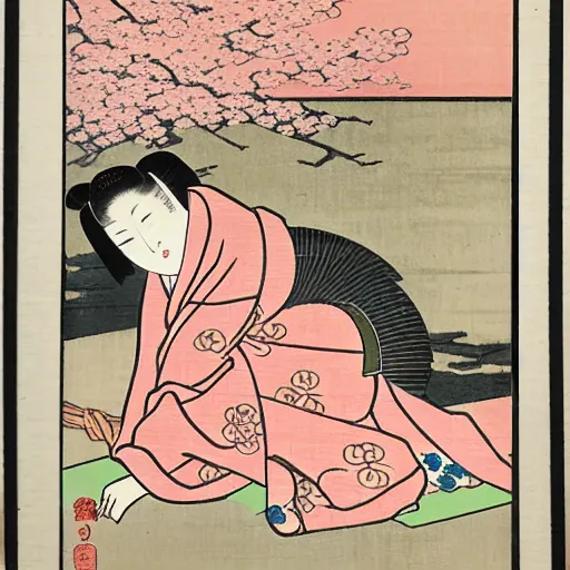 Prompt: japanese edo period woodblock print of a girl laying underneath pink blossoming cherry trees in the background