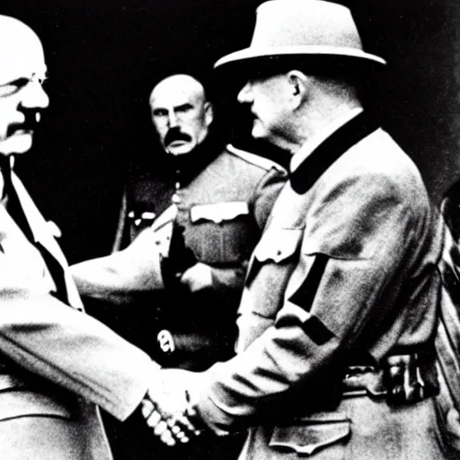 Image similar to adolf hitler shaking hands with walter white, black and white, cctv, over - the - shoulder shor