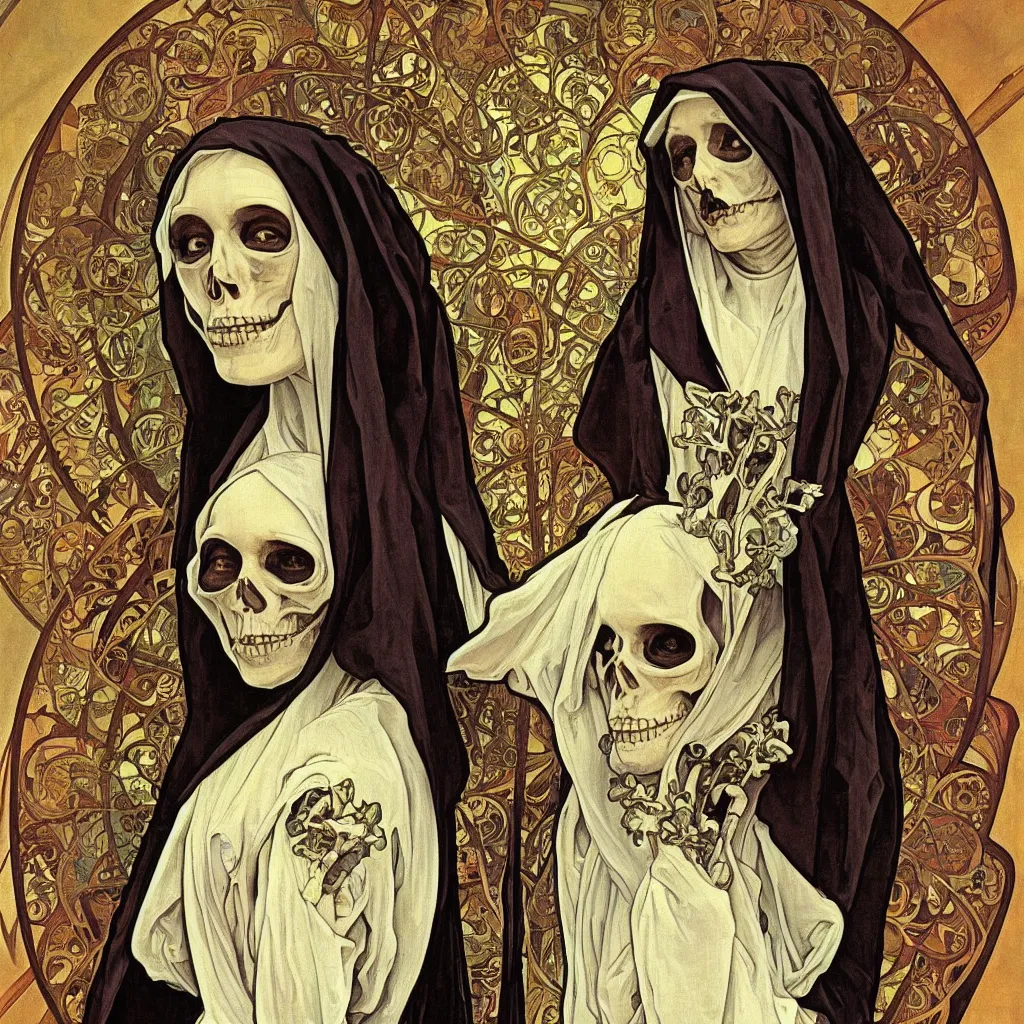 Image similar to a Stunning portrait of a skeleton nun in the style of Realistic,by Alphonse Mucha,oil on canvas