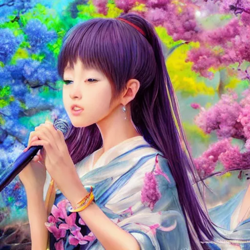 Image similar to dynamic composition, motion, ultra-detailed, incredibly detailed, a lot of details, amazing fine details and brush strokes, colorful and gentle palette, smooth, HD semirealistic anime CG concept art digital painting, watercolor oil painting of a young J-Pop idol, by a Japanese artist at ArtStation. Realistic artwork of a Japanese videogame, soft and harmonic colors.