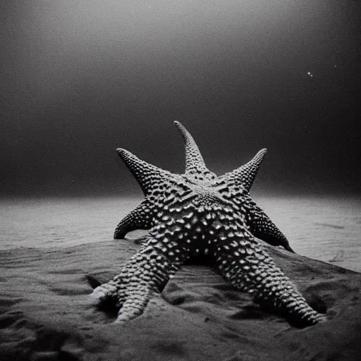 Prompt: North korean starfish monster, kaiju-eiga, thriller, monochrome, film grain, flare, backlit, fog