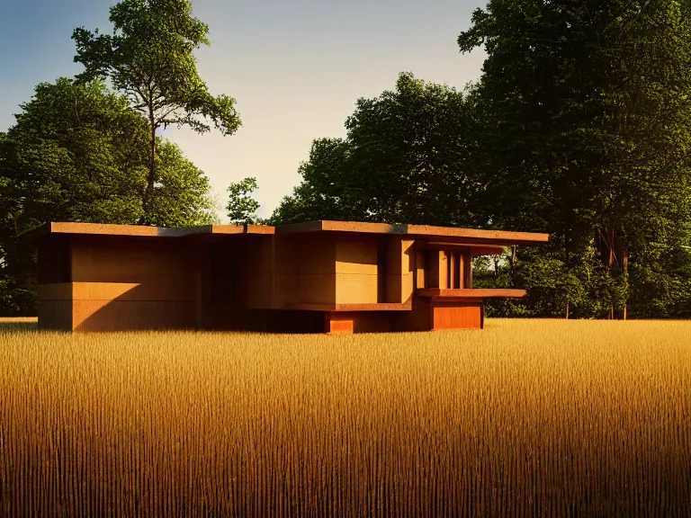 Prompt: hyperrealism design by frank lloyd wright and kenzo tange photography of beautiful detailed small house around the forest in small ukrainian village by taras shevchenko and wes anderson and caravaggio, wheat field behind the house, volumetric natural light