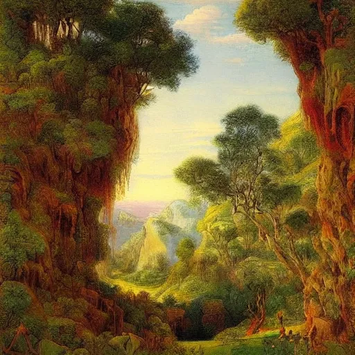 Image similar to A beautiful print of a landscape. It is a stylized and colorful view of an idyllic, dreamlike world with rolling hills, peaceful looking animals, and a flowing river. The scene looks like it could be from another planet, or perhaps a fairy tale. pottery by Gustave Moreau neat