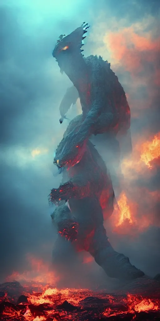 Image similar to low - resolution filmstill of a kaiju monster, fog, smoke, fire, red and blue hues, thriller, underdeveloped, flare, epic, dramatic