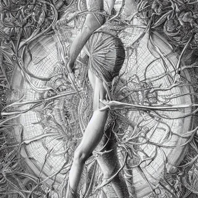 Image similar to hyper detailed bw linear pencil drawing, woman ballet dancer, organic symmetric shapes by ernst haeckel