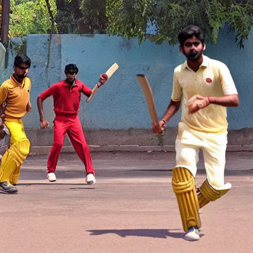 Prompt: four tamil friends playing a game of cricket, on an indian street, photorealistic, 4 k