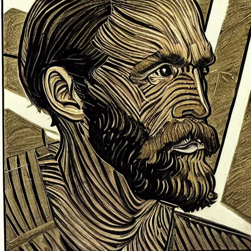 Image similar to portrait of zeus, mash - up between mc escher and vincent van gogh, marvel comics style