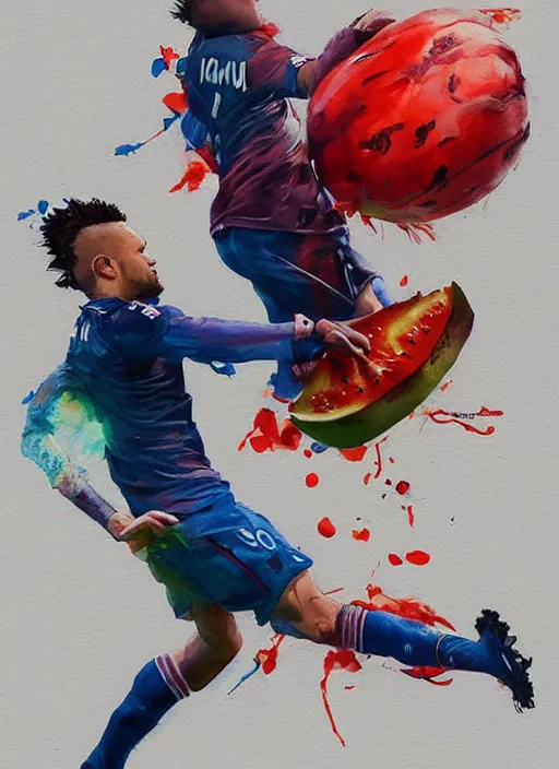 Image similar to semi reallistic gouache gesture painting, by yoshitaka amano, by ruan jia, by Conrad roset, by dofus online artists, detailed anime 3d render of Neymar Jr kicking a watermelon, Neymar soccer player watermelon , watermellon ball Neymar jr, portrait, cgsociety, artstation, rococo mechanical, Digital reality, sf5 ink style, dieselpunk atmosphere, gesture drawn