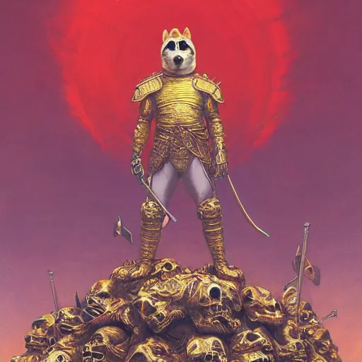 Prompt: anthropomorphic shiba inu, wearing gold armor, standing on pile of skulls, graveyard of skulls, fantasy 3 d render, masterpiece, glowing red light aura, by donato giancola and greg rutkowski and wayne barlow and zdzisław beksinski, realistic face