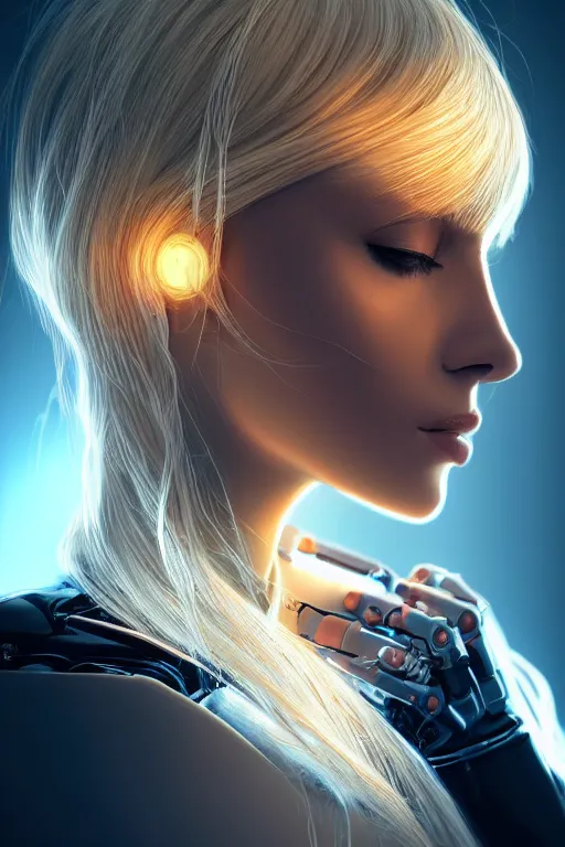 Image similar to a beautiful woman with blonde hair wearing robot suit with wires and light, highly detailed, photorealistic, artstation, smooth