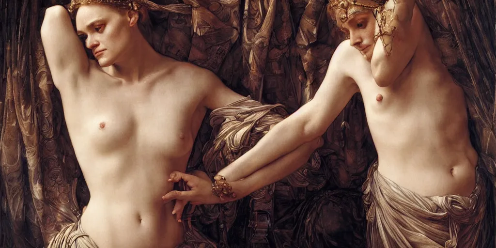 Prompt: masterpiece contrite conundrum, beautiful Helen of Troy/Diane Kruger, by Edgar Maxence and Caravaggio and Michael Whelan and Caravaggio artistic, watercolor, intricate drawing, light brazen, realistic fantasy, extremely detailed and beautiful aesthetic face, establishing shot, 8k resolution, dramatic lighting