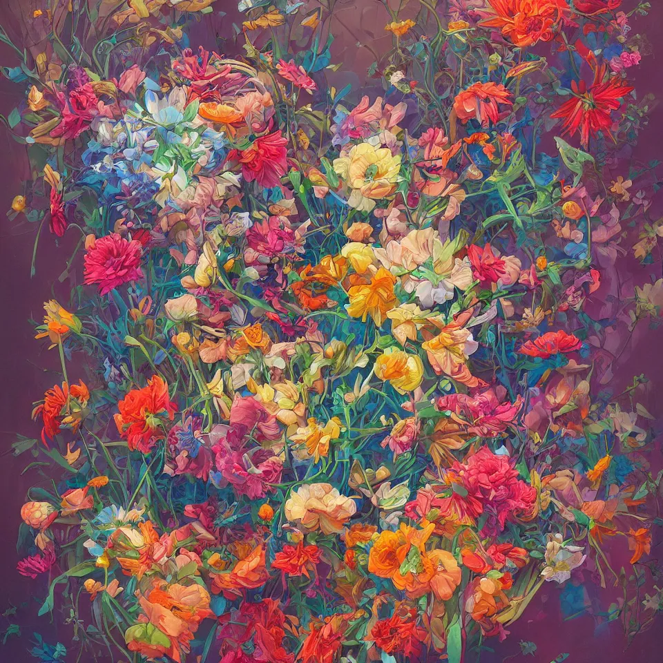 Image similar to a bouquet of colorful flowers, flowers with very long petals,afternoon sunlight, hard light and long shadows, neon glowing, vivid, detailed painting, by James Jean and Ross Tran, masterpiece, award winning painting