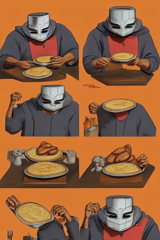 Image similar to mf doom making pancakes, animation pixar style, by pendleton ward, magali villeneuve, artgerm, rob rey and kentaro miura style, golden ratio, trending on art station