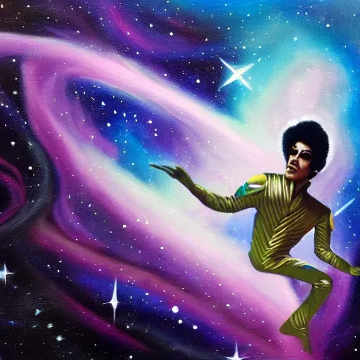Prompt: a cosmic painting of prince in space. trending on artstation.
