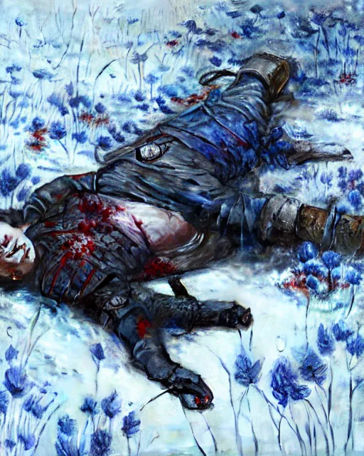 Image similar to Highly realistic oil painting of a wounded knight lying in the snow, surrounded by blue flowers, blood on flowers, by greg rutkowski, highly detailed, cinematic lighting, moody, dark